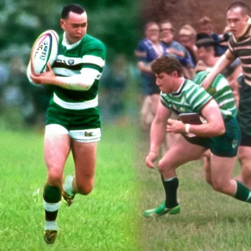 Image similar to photo of forrest gump playing rugby for the irish team