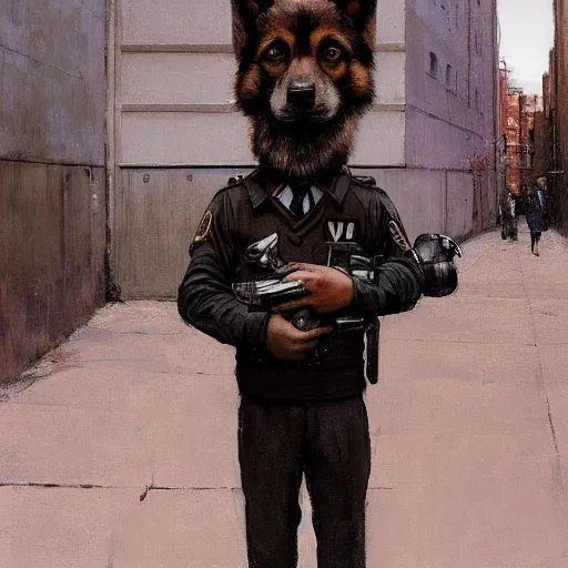 Image similar to new york city portrait of furry anthro anthropomorphic german shepard head animal person fursona wearing clothes police uniform in the alley, sunny day, digital art by Nerdrum John, William Waterhouse, Winslow Homer, Alex Heywood, Jordan Grimmer, Darren Quach, Greg Rutkowski, Simon Stalenhag, trending on Artstation, CGSociety