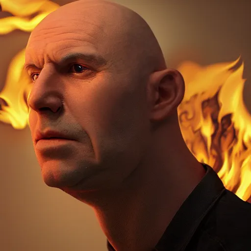 Prompt: an artstation trending portrait painting of a bald english man on fire, octane render