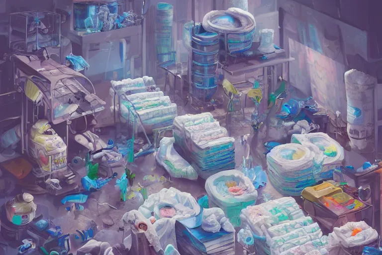 Image similar to Diaper Disposal Factory, Overflowing with Diapers, digital art, fantasy, trending on artstation, professional illustration, cgsociety, ultra detailed, celshaded, colorful, mechanical