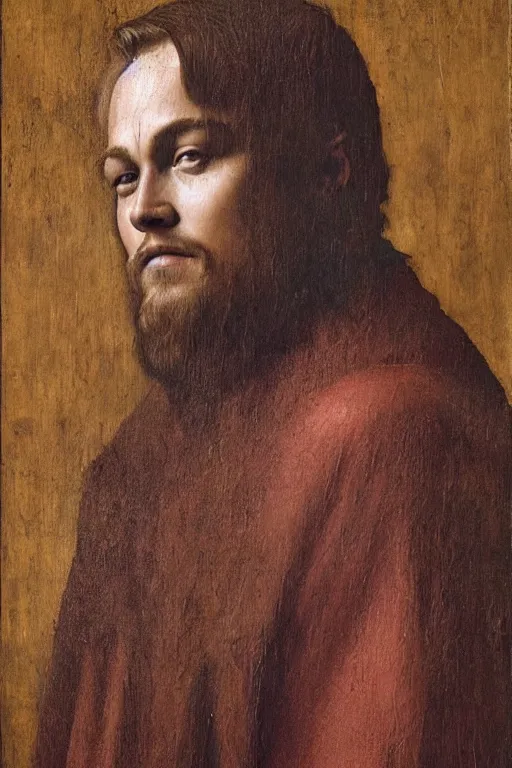 Prompt: portrait of leonardo dicaprio, oil painting by jan van eyck, northern renaissance art, oil on canvas, wet - on - wet technique, realistic, expressive emotions, intricate textures, illusionistic detail