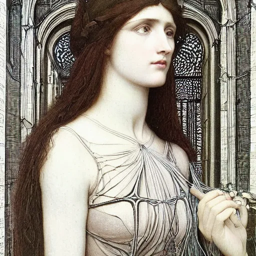 Image similar to Symmetric Pre-Raphaelite painting of a beautiful mystic woman with dark hair in a very detailed silk dark grey dress by John William Waterhouse, zoomed out, surrounded by a dark gothic frame of highly detailed mathematical drawings of neural networks and geometry by Doré, highly detailed mathematical drawings of geometry and neurons by HG Giger