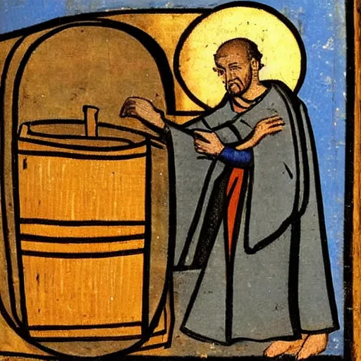 Image similar to medieval painting of a monk next to a barrel