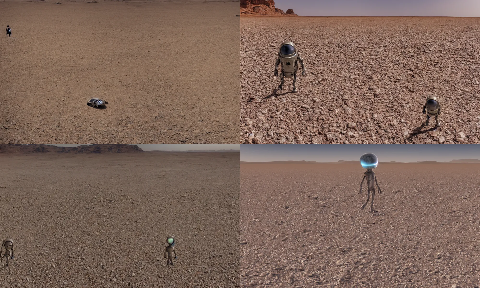 Prompt: alien walking in barren desert, crashed ufo at the horizon, dust, wind, rock formations at the horizon, wide angle lens, ground level camera view, highly detailed, photorealistic, sharp focus,, detailed