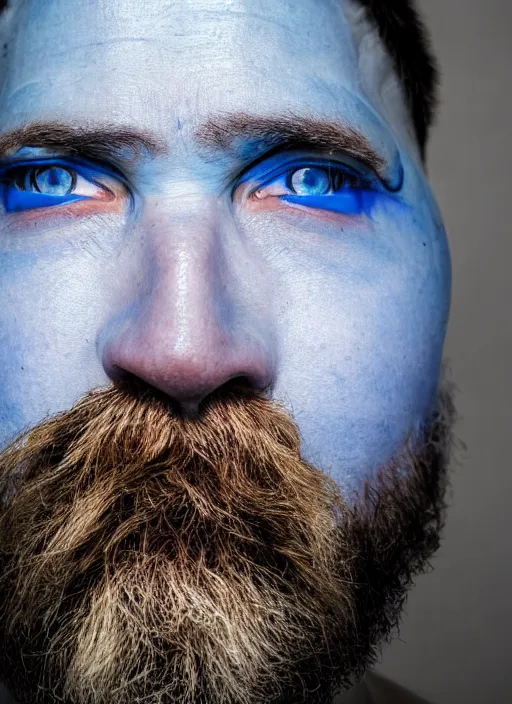 Image similar to fish eye lens close up photograph of a man with blue skin and a goatee side eyeing the camera with a sympathetic look