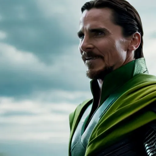 Prompt: film still of Christian Bale as Loki in Avengers Endgame