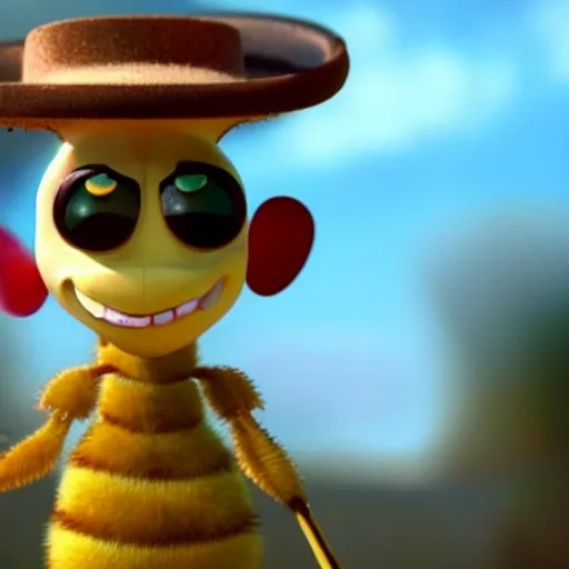 Image similar to a pixar still of a honeybee wearing a top hat