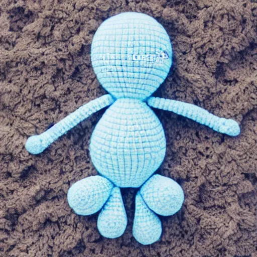 Prompt: cute fluffy light blue color spider crochet doll standing on sand, hyperrealistic photograph, highly detailed, tactile, 8k, close up, macro