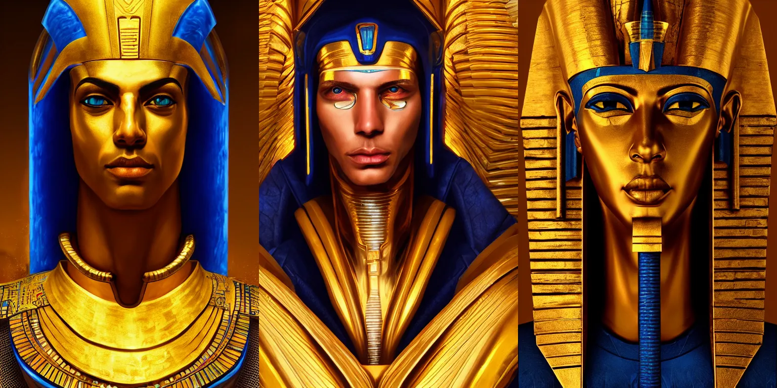 Prompt: Half-length portrait of a cyberpunk pharaoh, noble, god. Dramatic gold blue lighting, bloom. Fantasy, digital painting, artwork, HD, 4k, highly detailed, vibrant, concept art.