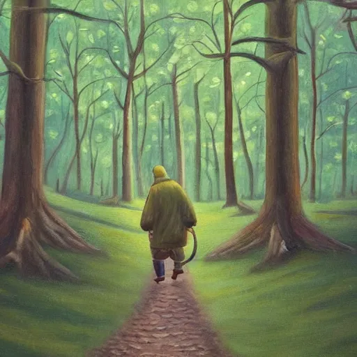 Prompt: a painting of a person walking through a forest, a storybook illustration by jon coffelt, pixiv contest winner, metaphysical painting, storybook illustration, acrylic art, oil on canvas