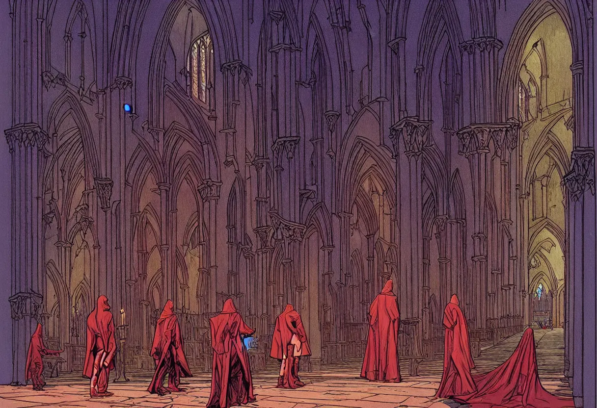 Prompt: devils in the cathedral by moebius