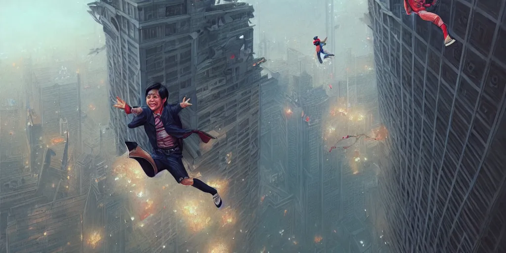 Image similar to bongbong marcos jumping from the highest building in the world, detailed intricate illustration, detailed illustration, hd, 4 k, digital art, overdetailed art, by greg rutkowski, by loish, complementing colors, trending on artstation, deviantart