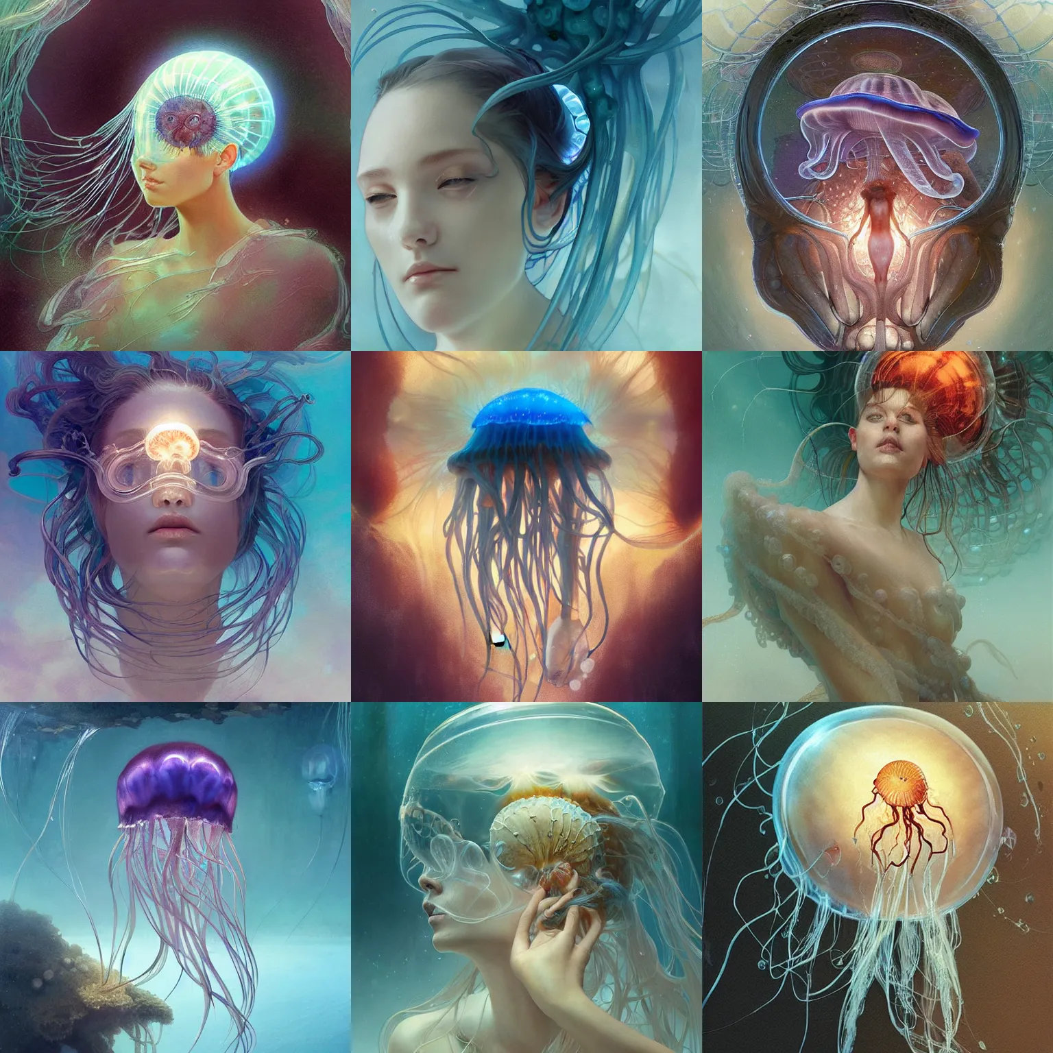 Prompt: a jellyfish with a visible human brain, underwater, unsettling, intricate, sharp focus, illustration, highly detailed, digital painting, concept art, matte, art by wlop and artgerm and greg rutkowski and alphonse mucha, masterpiece