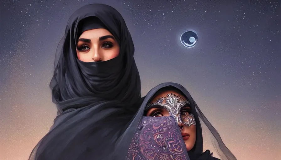 Image similar to Portrait of very very very very beautiful Arab woman wearing a Niqab, under giant full moon in the desert, intricate, glowing magical eyes, energy trails, elegant, highly detailed, digital painting, artstation, concept art, smooth, sharp focus, illustration, art by artgerm and greg rutkowski and alphonse mucha