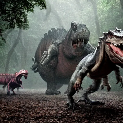 Prompt: hodor getting chased by a tyrannosaurus rex in jurassic park, movie still, epic quality, rain, night, dramatic, 4 k, intense, photorealistic