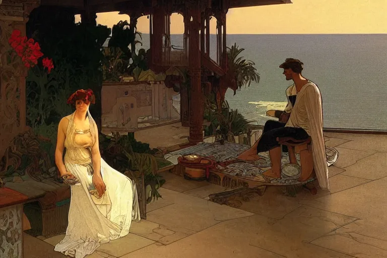 Prompt: a matte painting of a man watching the sunset with his wife in his house by the beach, by greg rutkowski, by alphonse mucha, muted colors