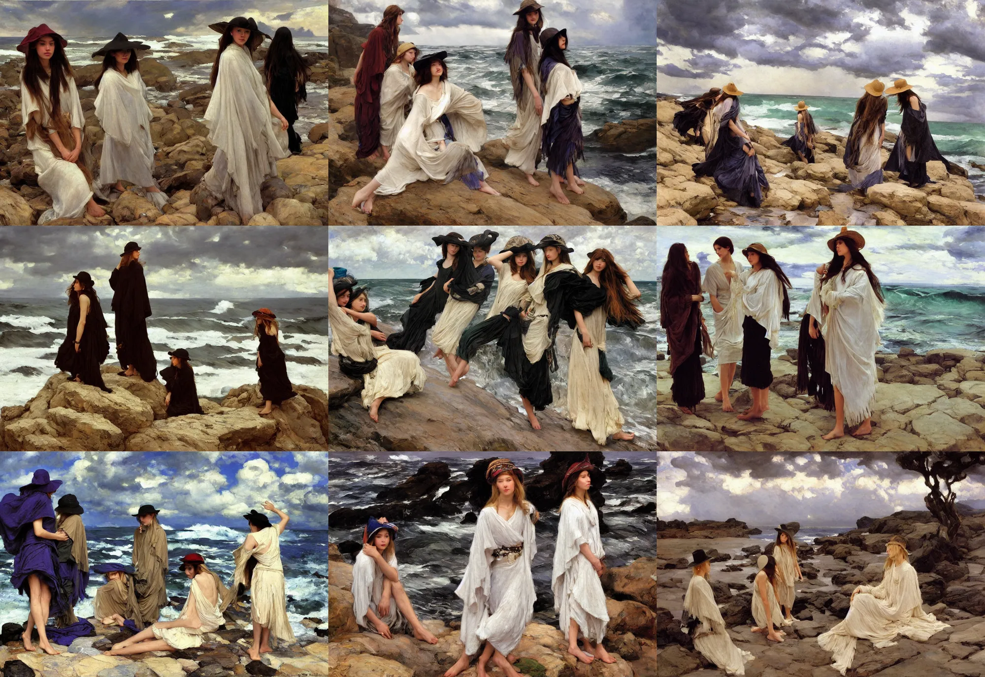 Image similar to dramatic light, thunder clouds in the sky, stormy sea by frederick judd waugh, simple form, brutal shapes, shaman, portrait of three of fashionable young womans wearing rich jewerly hat and boho poncho, pixiv, lying pose on stones, 1970s fashion, anime, studio ghiblil, artwork by Joaquin Sorolla and john william waterhouse and Denis Sarazhin and James Jean and klimt and rhads and van gogh and Dean Ellis and Detmold Charles Maurice