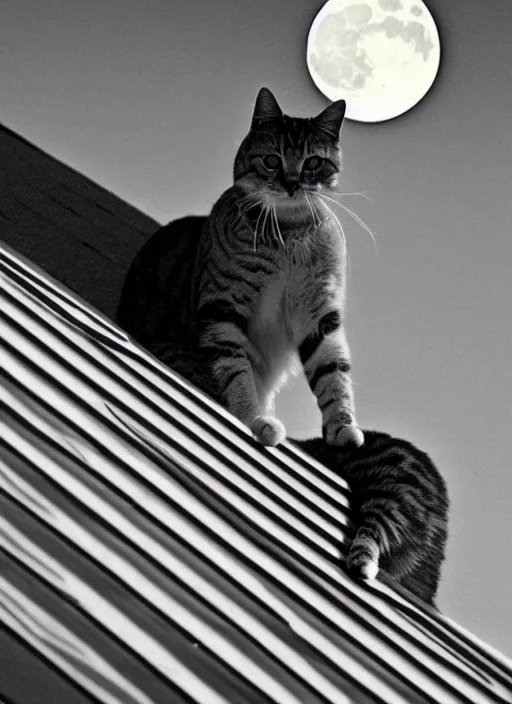 Image similar to op art picture of a cat on a roof looking at the moon