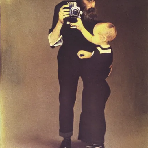 Image similar to painting of beard grandpa taking a photo to a baby girl, by lazlo moholy nagy moholy
