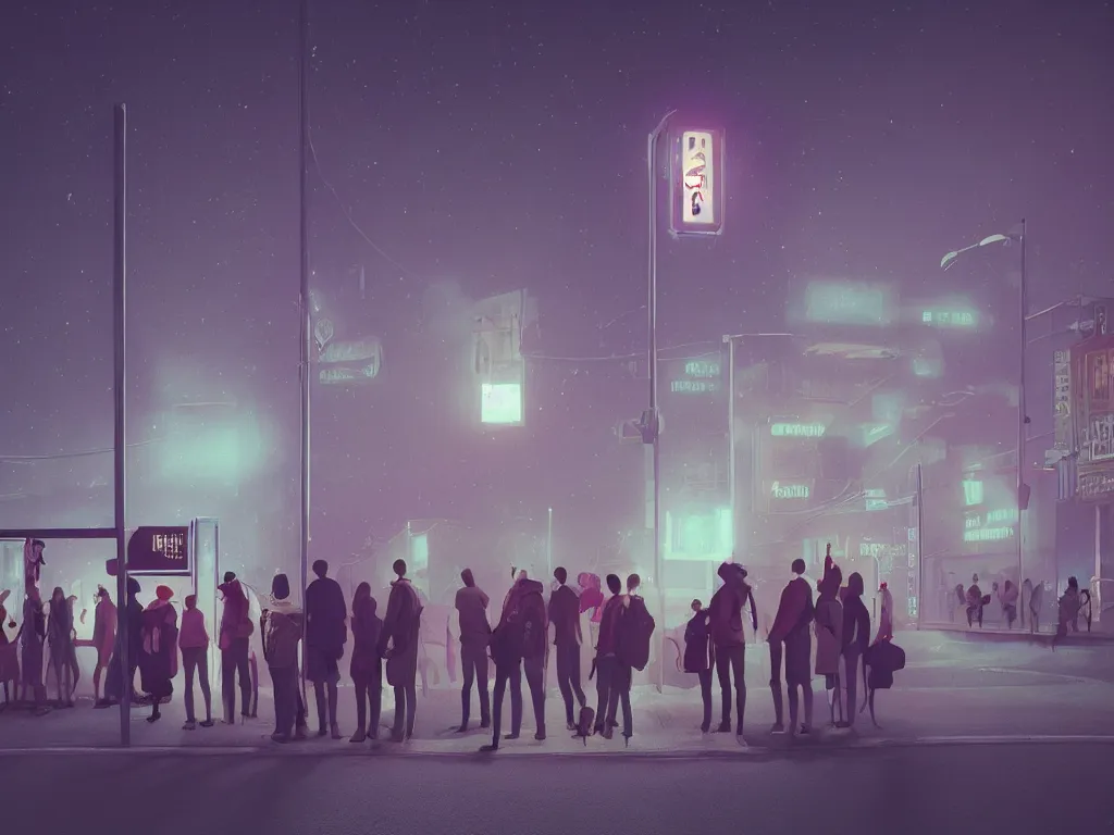 Image similar to few people waiting in a bus stop in dark city night, Low level, rendered by Beeple, Makoto Shinkai, syd meade, simon stålenhag, environment concept, synthwave style, digital art, unreal engine, WLOP, trending on artstation, 4K UHD image, octane render