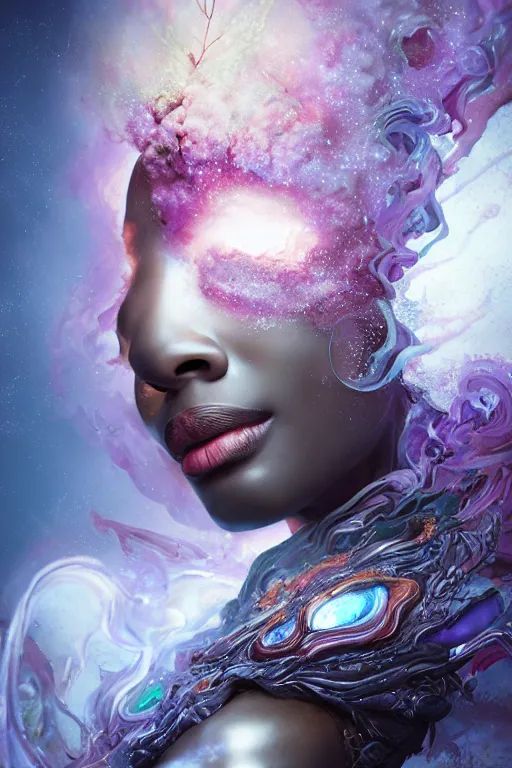 Prompt: mysterious detailed cgi matte painting of a black female space empress of the andromeda, by ellen jewett, alessio albi | symmetrical features, kawaii, photorealism, stunning, ornate, royally decorated, organic, growth, whirling gasses, glowing particles, refractive adornments, colorful torn nebulas, radiant vibrant colors