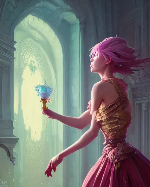 Image similar to highly detailed surreal vfx portrait of a female candypunk mage in a majestic castle by golden tree, stephen bliss, unreal engine, greg rutkowski, loish, rhads, beeple, makoto shinkai and lois van baarle, ilya kuvshinov, rossdraws, tom bagshaw, alphonse mucha, global illumination, detailed and intricate environment