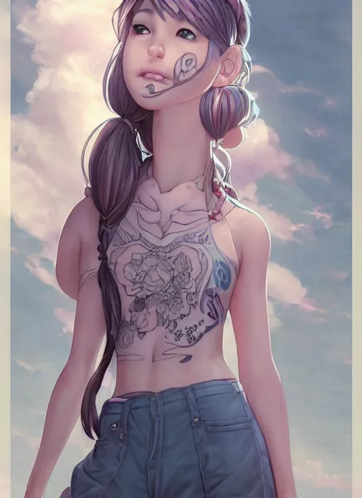 Prompt: character portrait of a female anthropmophic pig with a pigtail. She has a cute beautiful attractive detailed pig snout face wearing a tanktop and slacks standing outside a city tattoo parlor with arm tattoos. Character design by charlie bowater, ross tran, artgerm, and makoto shinkai, detailed, inked, western comic book art