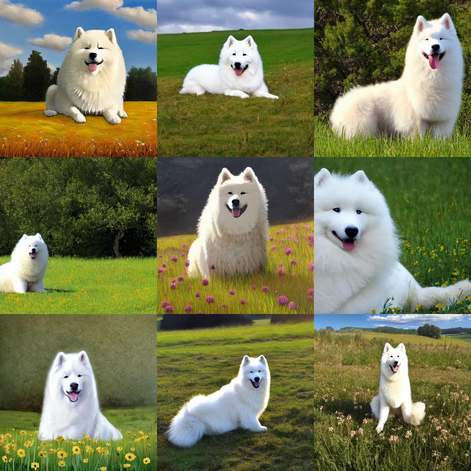 Prompt: a samoyed dog sitting in the middle of sunny meadow, by georg tappert