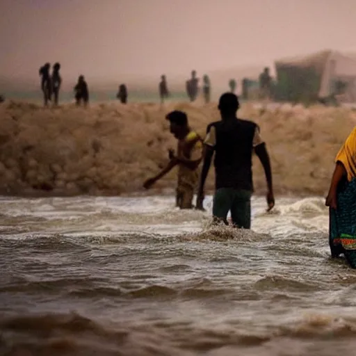 Prompt: Realistic cinematic views of a migrant crisis created through climate change