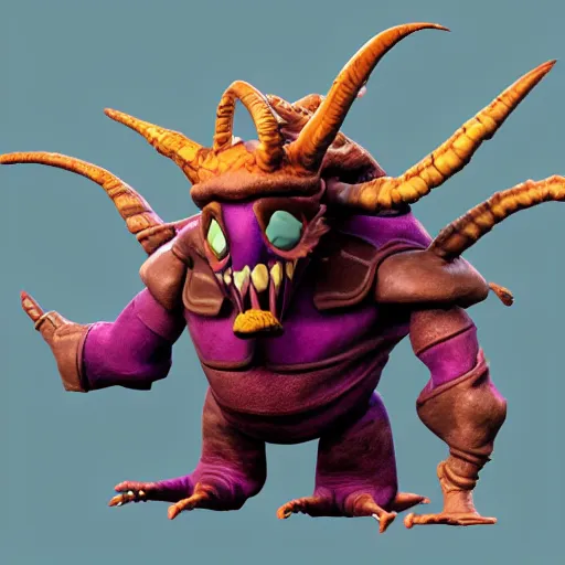 Image similar to character 3 d concept art page of a humanoid troll with a coat as an enemy in spyro the dragon video game concept art, spyro trilogy remaster concept art, playstation 1 era graphics, activision blizzard style, 4 k resolution concept art