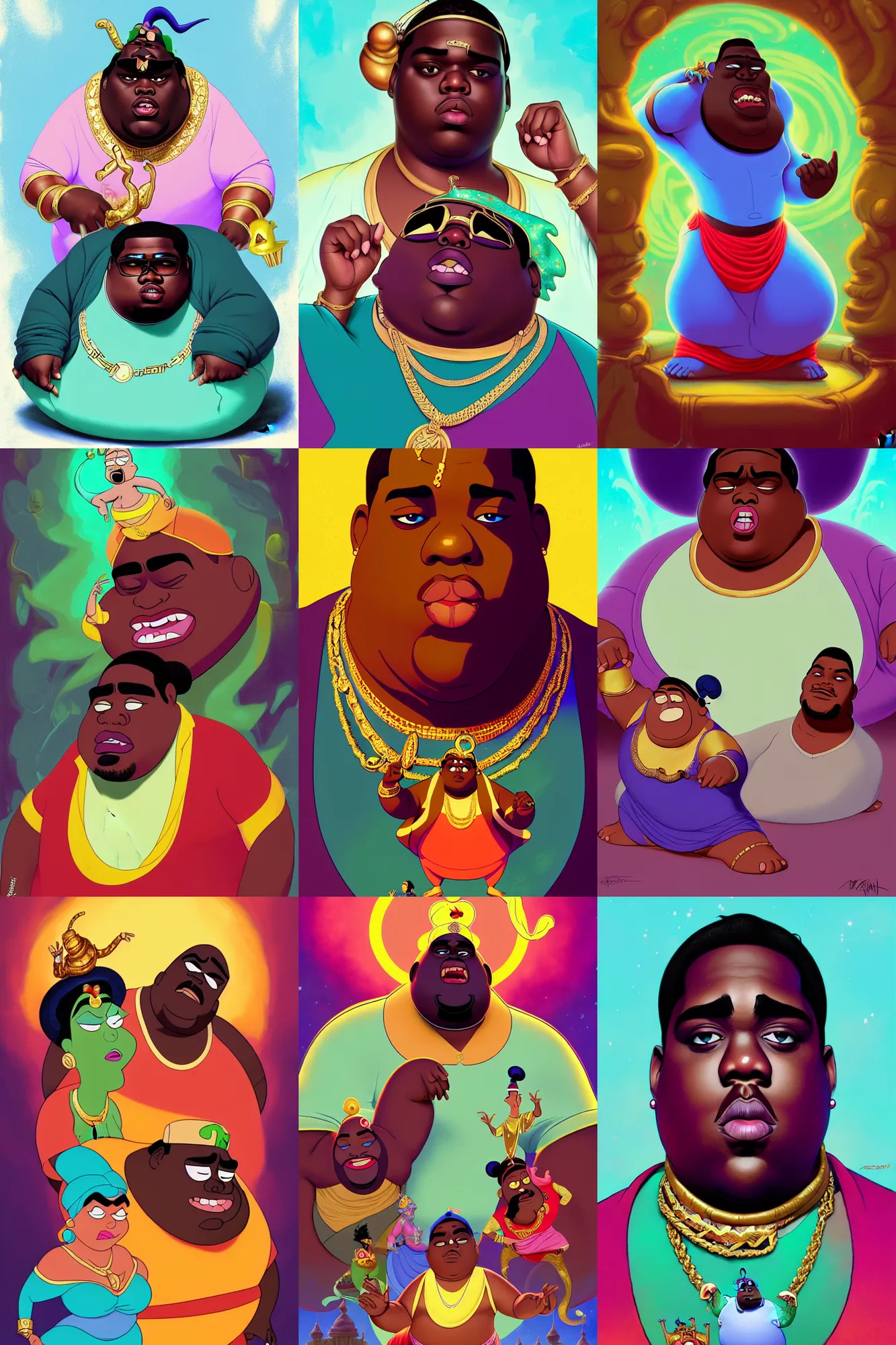 Prompt: the notorious b. i. g. as the genie from aladdin, rick and morty pickle rick, shaded lighting poster by magali villeneuve, artgerm, jeremy lipkin and michael garmash, rob rey and kentaro miura style, trending on art station