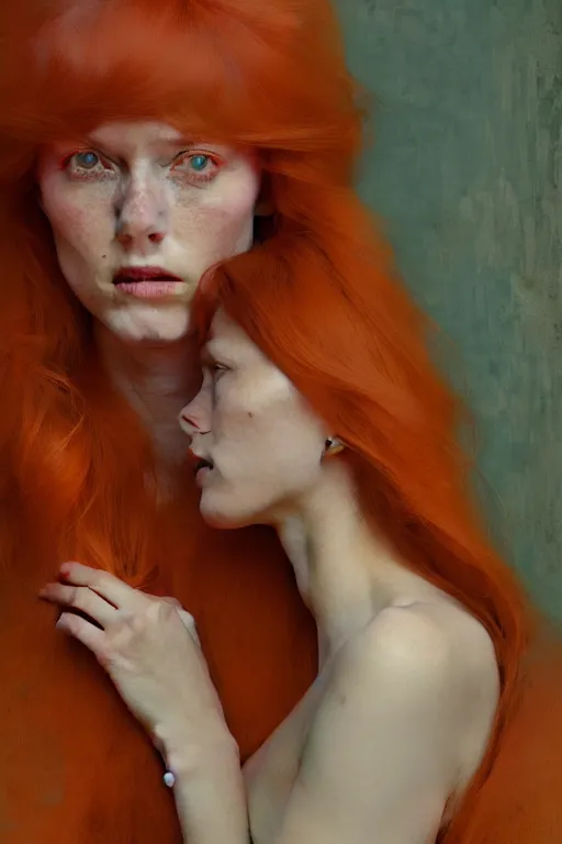 Image similar to of beautiful redhead female, beauty portrait by greg rutkowski, hilma af klint, moebius, victo ngai, sharp focus, global illumination, highly detailed, masterpiece, award winning, post processing