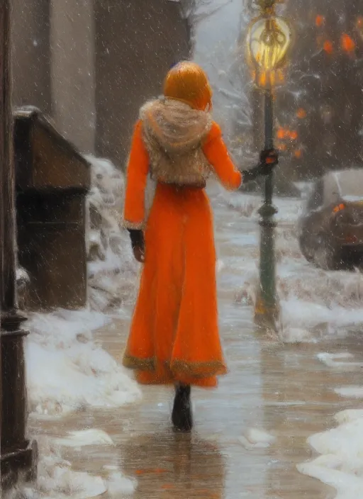 Image similar to back of emma stone in beige coat, orange hair, walking into new york apartment building in winter, artwork by gaston bussiere, craig mullins, trending on artstation