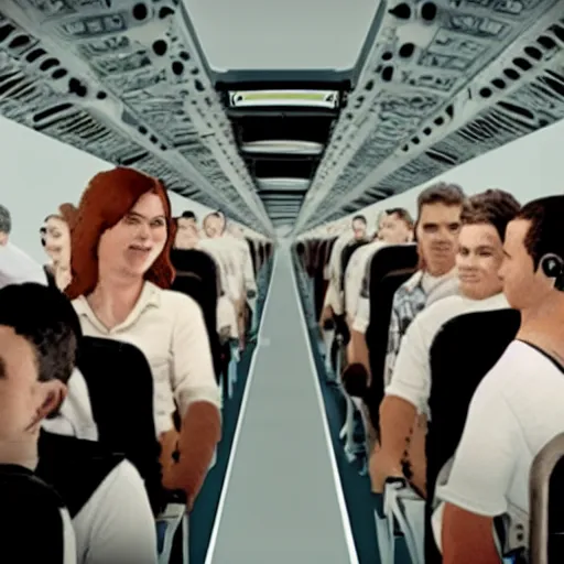 Prompt: inside an Airplane, passengers, eating food, photo realistic, one passenger is scared