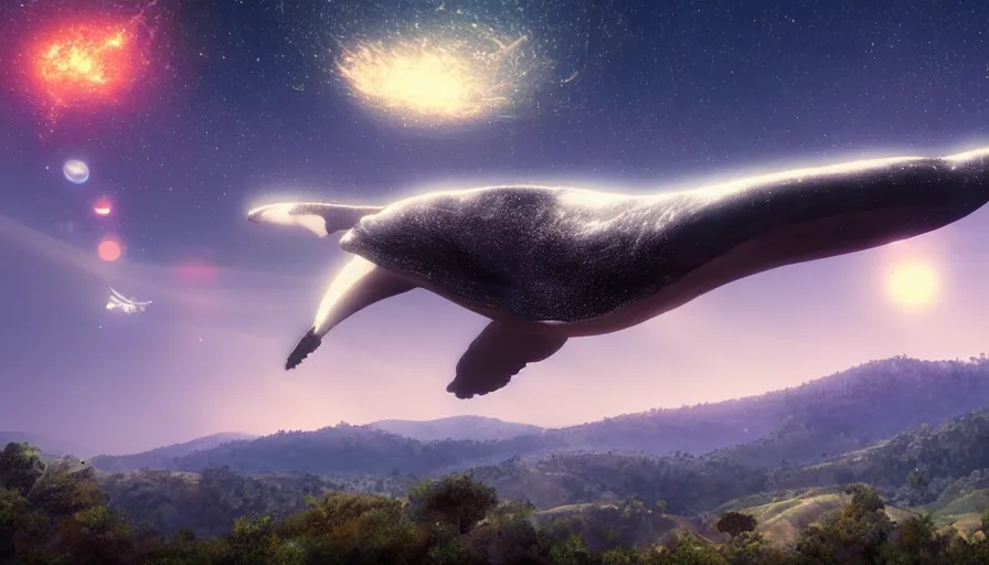 Image similar to highly detailed cinematic scifi render of a flying whale over the tuscany skies, cypresses and hills, stars and planets, hyper detailed, digital art, led lighting, studio quality, smooth render, unreal engine 5, octane render, trending on artstaion.