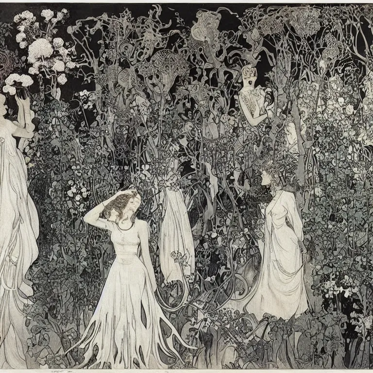 Prompt: A woman stands back in a white dress, blonde with red lips, she is wrapped in ivy and flowers, next to her is a robot man Anton Pieck,Jean Delville, Amano,Yves Tanguy, Alphonse Mucha, Ernst Haeckel, Edward Robert Hughes,Stanisław Szukalski and Roger Dean