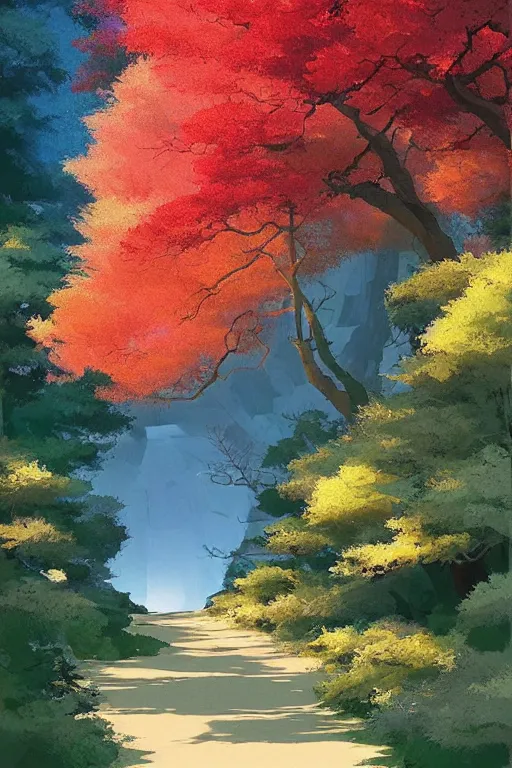 Image similar to Japanese Torii in a colorful moutain with beautiful trees ,morning , by studio ghibli painting, superior quality, masterpiece, traditional Japanese colors, by Grzegorz Rutkowski, concept art