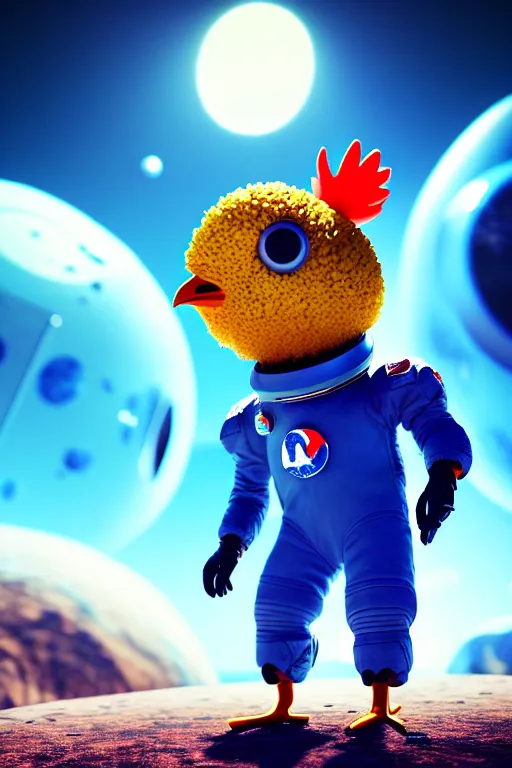 Image similar to a lonely chicken wearing a space suit without helmet in a alien planet, profile picture, digital art, concept art, trending on DeviantArt, highly detailed, high quality, 4K, cartoon, high coherence, path traced, blue sky in the background, octane render, digital painting, no helmet, masterpiece, anatomically correct, hyperrealistic