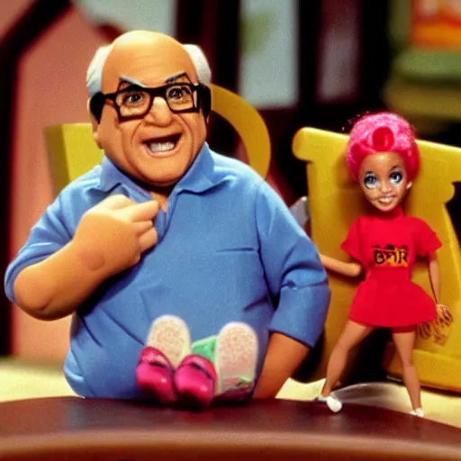 Image similar to barbie danny devito candid 1 9 9 0 s children's show, detailed facial expressions