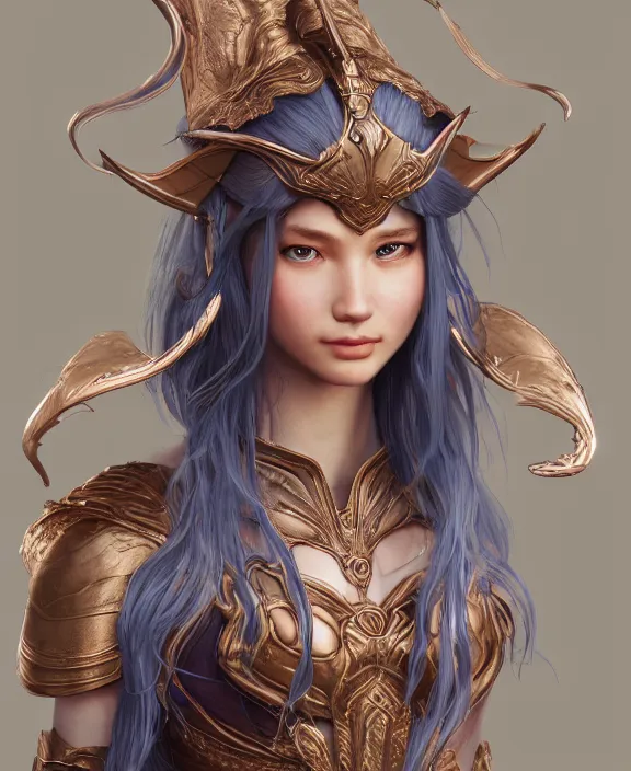 Prompt: a beautiful and highly detailed digital portrait of a dignified elf with long blue windswept hair in a rose gold breastplate by artgerm, jia ruan, and lu ji, centered, artsation contest winner, cgsociety, fantasy art, cryengine, concept art, photorealism, daz 3 d, sketchfab, zbrush, vray