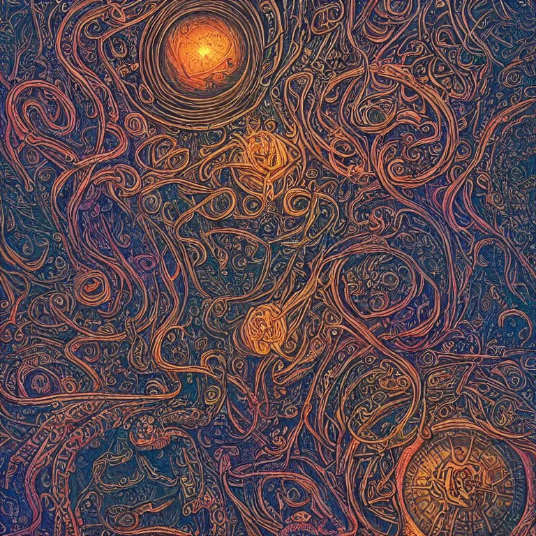 Prompt: a intricate mandala of skulls and flesh and bone with deep and intricate rune carvings and weaving lovecraftian tentacles by dan mumford, space nebula, twirling smoke trails, a twisting vortex of dying galaxies, collapsing stars, digital art, photorealistic, vivid colors, highly detailed, intricate