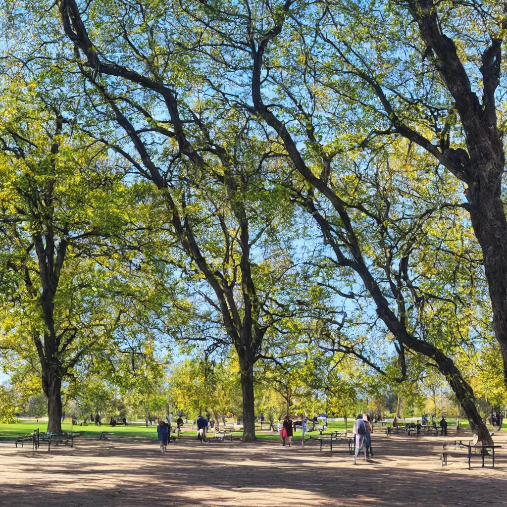 Image similar to a bright sunny weekend day at the park