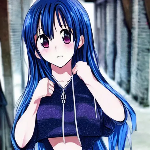 Image similar to Ami is a 14 year old anime girl who has short, very dark blue hair that reaches her neck, and dark blue eyes. She stands at about 157 cm or 5 feet 2 inches. She is shy and wears trendy clothes