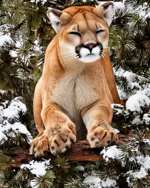 Image similar to postcard showing 'a cougar sleeping in the middle of snowy pine tree' laying on coffee table, zoomed out, HD, iphone capture