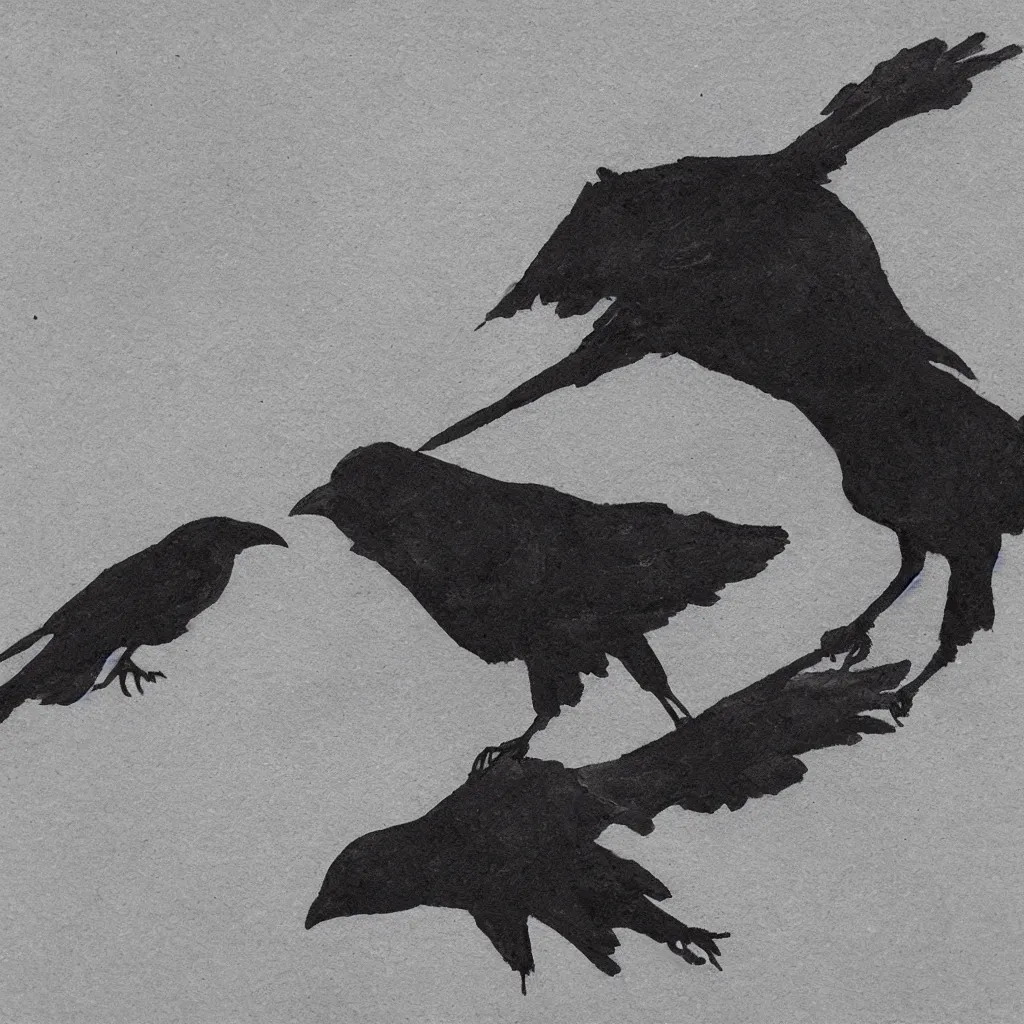 Prompt: crow staring into the void taking flight inspired by geiger with tetsuya and kansuke yomamato