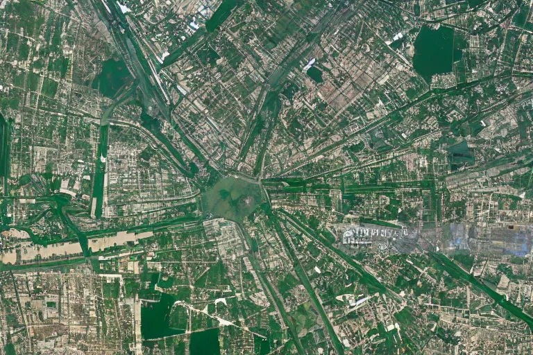 Image similar to satellite image of a large Soviet city with a large square green park in the middle