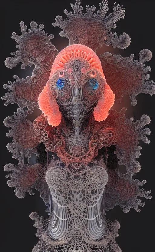 Image similar to gothic goddess intricate mask, eagle coral, jelly fish, mandelbulb 3 d, fractal flame, octane render, cyborg, biomechanical, futuristic, by ernst haeckel