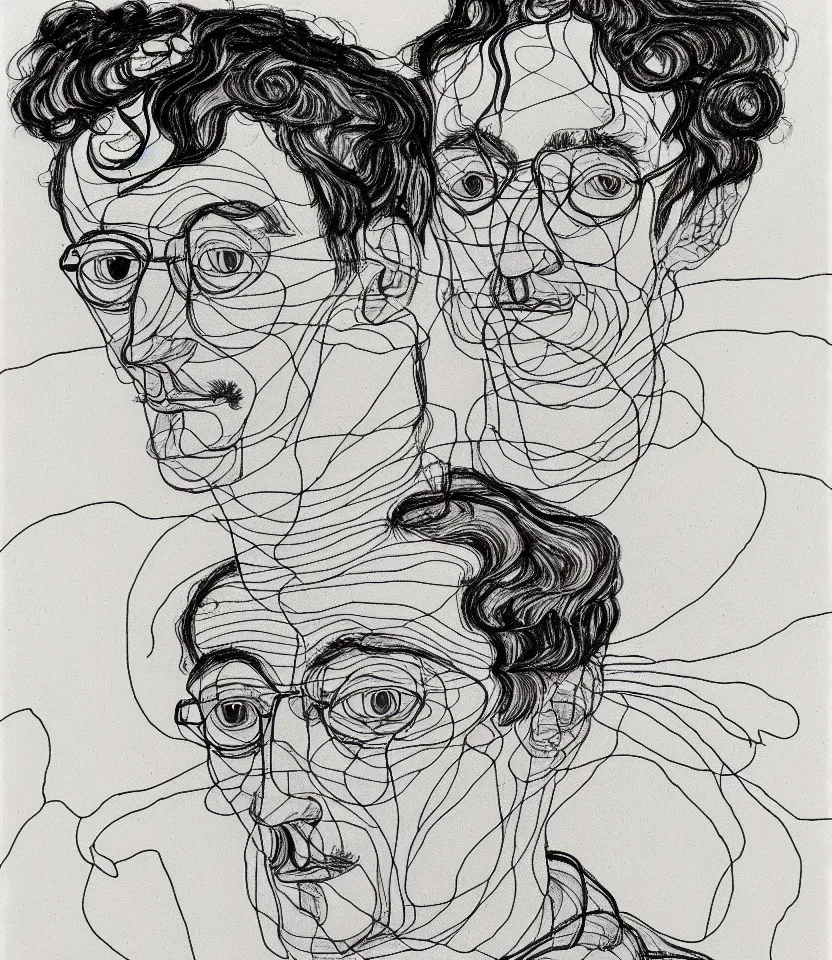 Image similar to detailed line art portrait of hermann hesse, inspired by egon schiele. minimalism, bold contour lines, caricatural, musicality, soft twirls curls and curves, confident personality, raw emotion