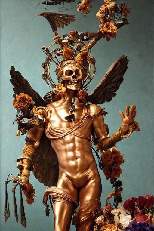 Prompt: a young handsome Spanish metal android with a large glowing battery in the center of his chest in a full-body bronze cyberpunk style statue of Icarus with glowing blue eyes, crown of peach roses, flowing teal-colored silk, fabric, flowers. baroque elements, human skull. full-length view. baroque element. intricate artwork by caravaggio. many flying horses on background. Trending on artstation, octane render, cinematic lighting from the right, hyper realism, octane render, 8k, depth of field, 3D