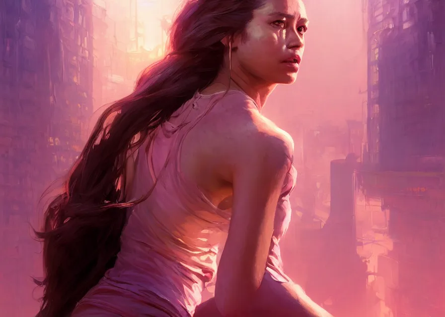 Image similar to an portrait of a beautiful female survivor in a pink t shirt, apocalyptic city backround, shiny skin, flowing tied hair, fine details. night setting. realistic shaded lighting poster by craig mullism, artgerm, jeremy lipkin and michael garmash, unreal engine, radiant light, detailed and intricate environment, digital art, trending on art station,